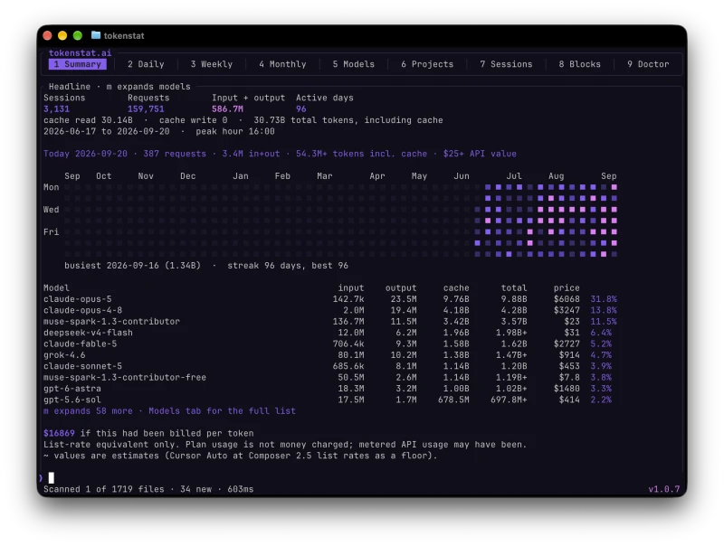 The tokenstat full-screen terminal client: the usage headline, the activity grid, and the model table with list-rate values
