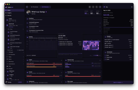 tokenstat Home screen: the activity heatmap, today and this week, and plan limits