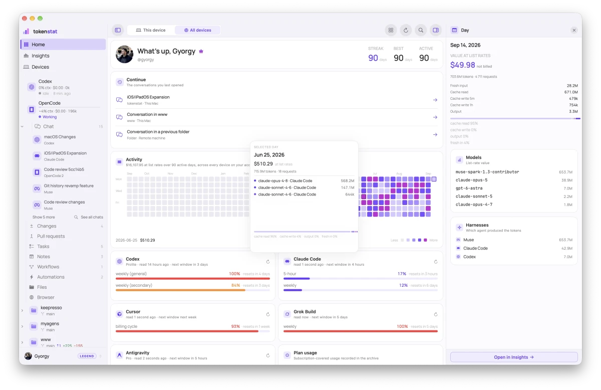 The Home screen in the light theme: the activity heatmap, today and this week, plan limits per harness, and subscription-covered plan usage, on a light background