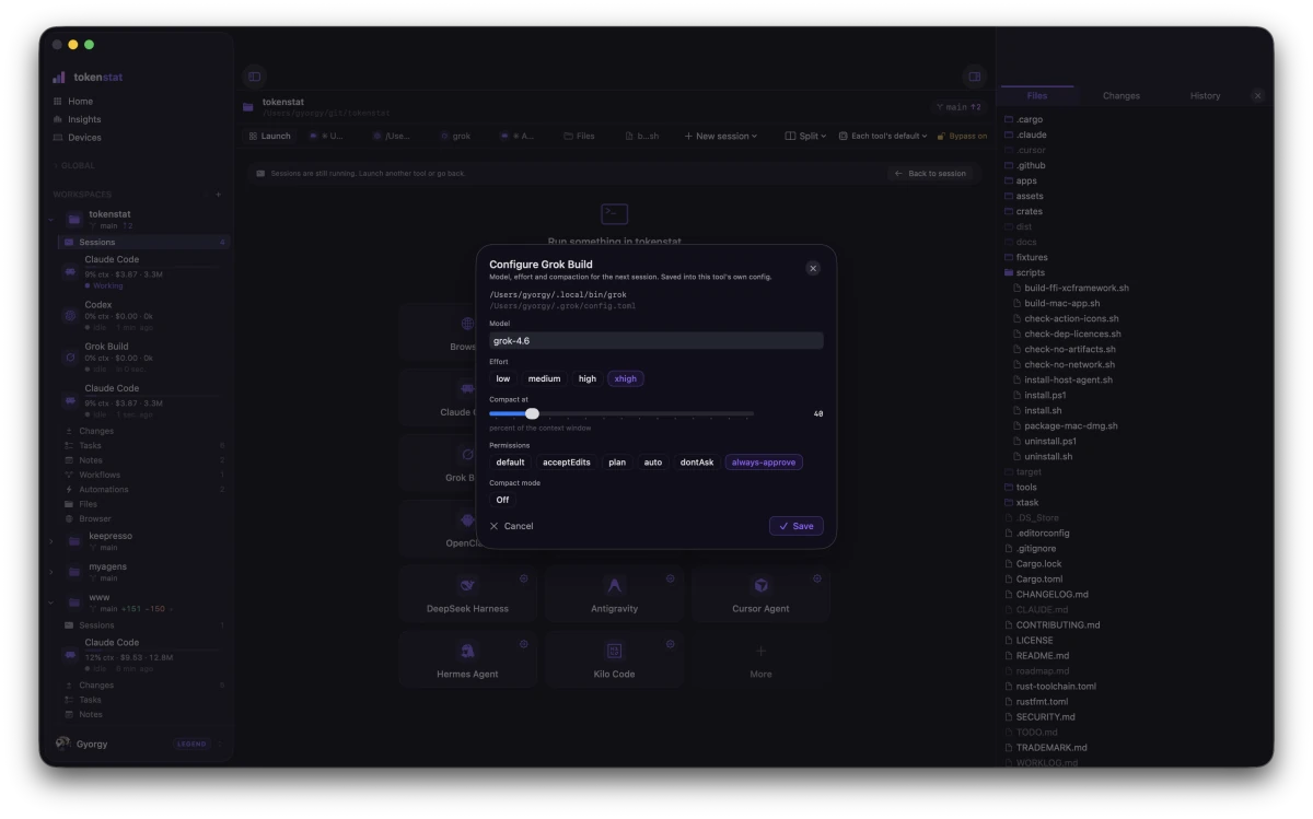 The Configure Grok Build dialog over the launcher: the binary and config paths it found, a model field set to grok-4.6, effort buttons from low to xhigh, a compaction slider, and permission modes from default to always-approve