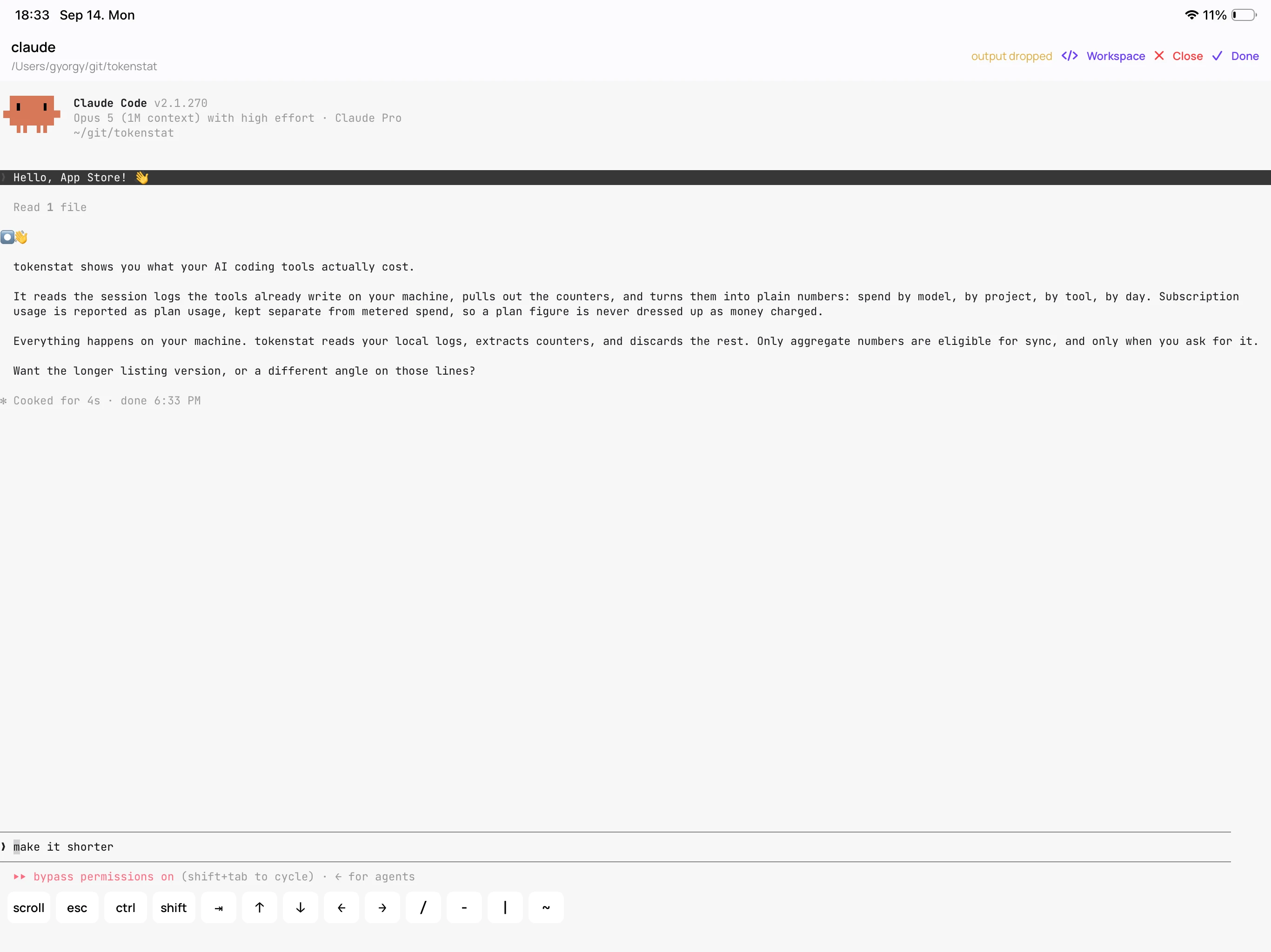 tokenstat Live session screen