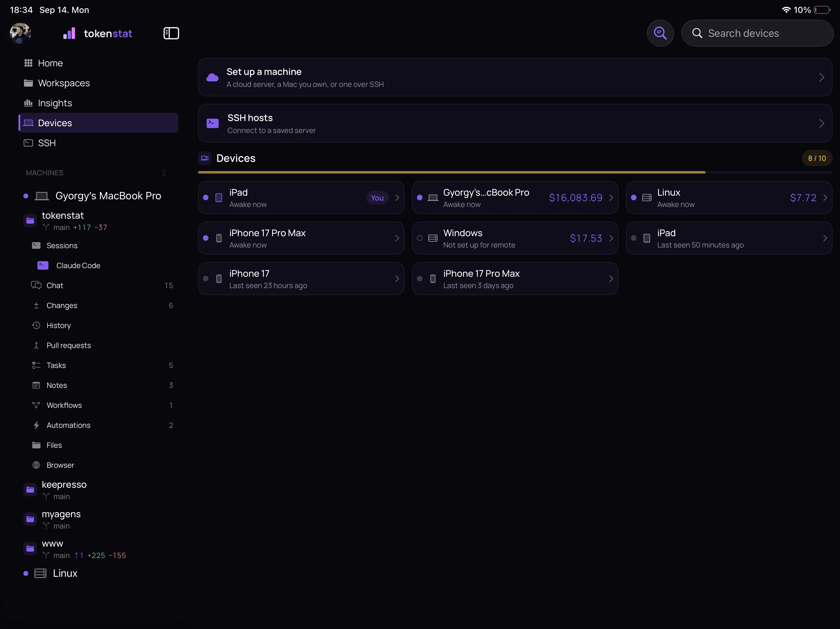 tokenstat Devices screen