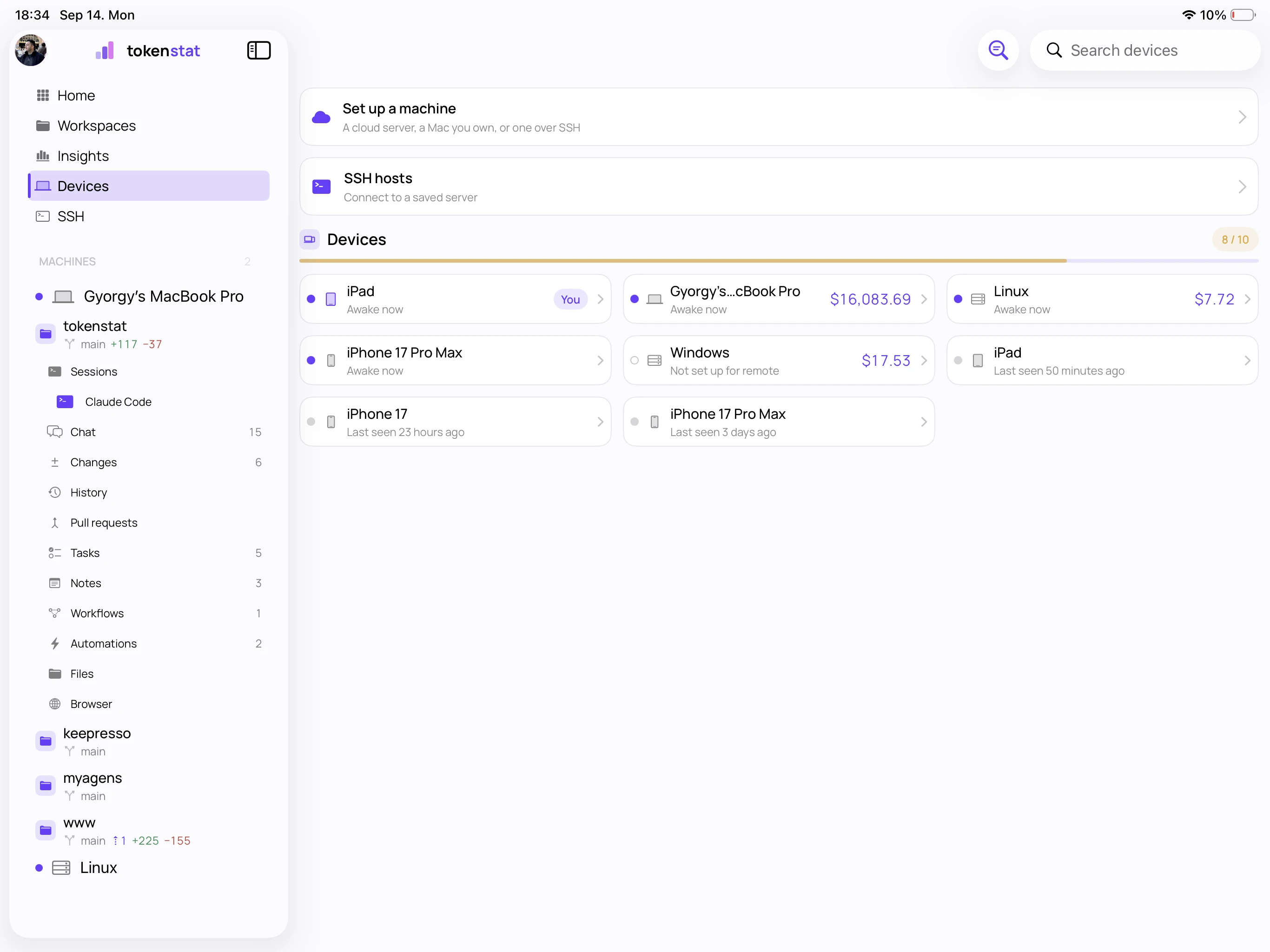 tokenstat Devices screen