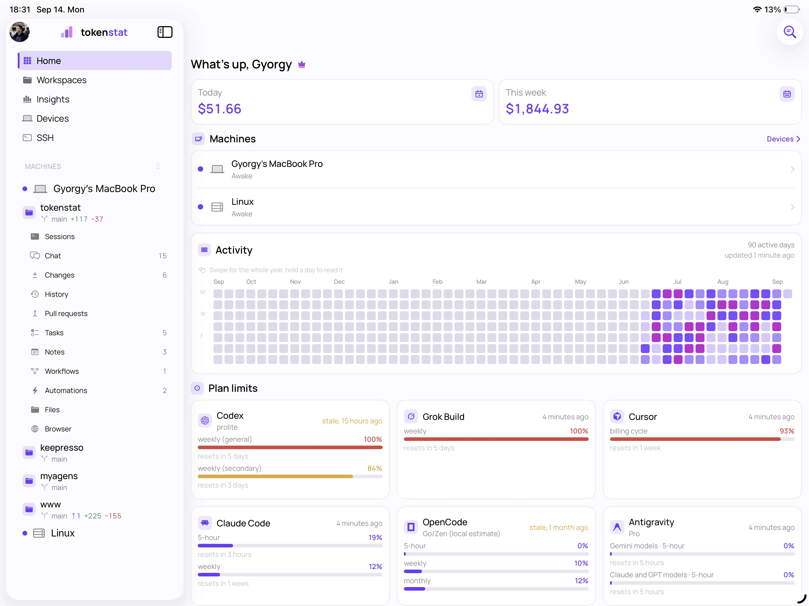 tokenstat Home screen