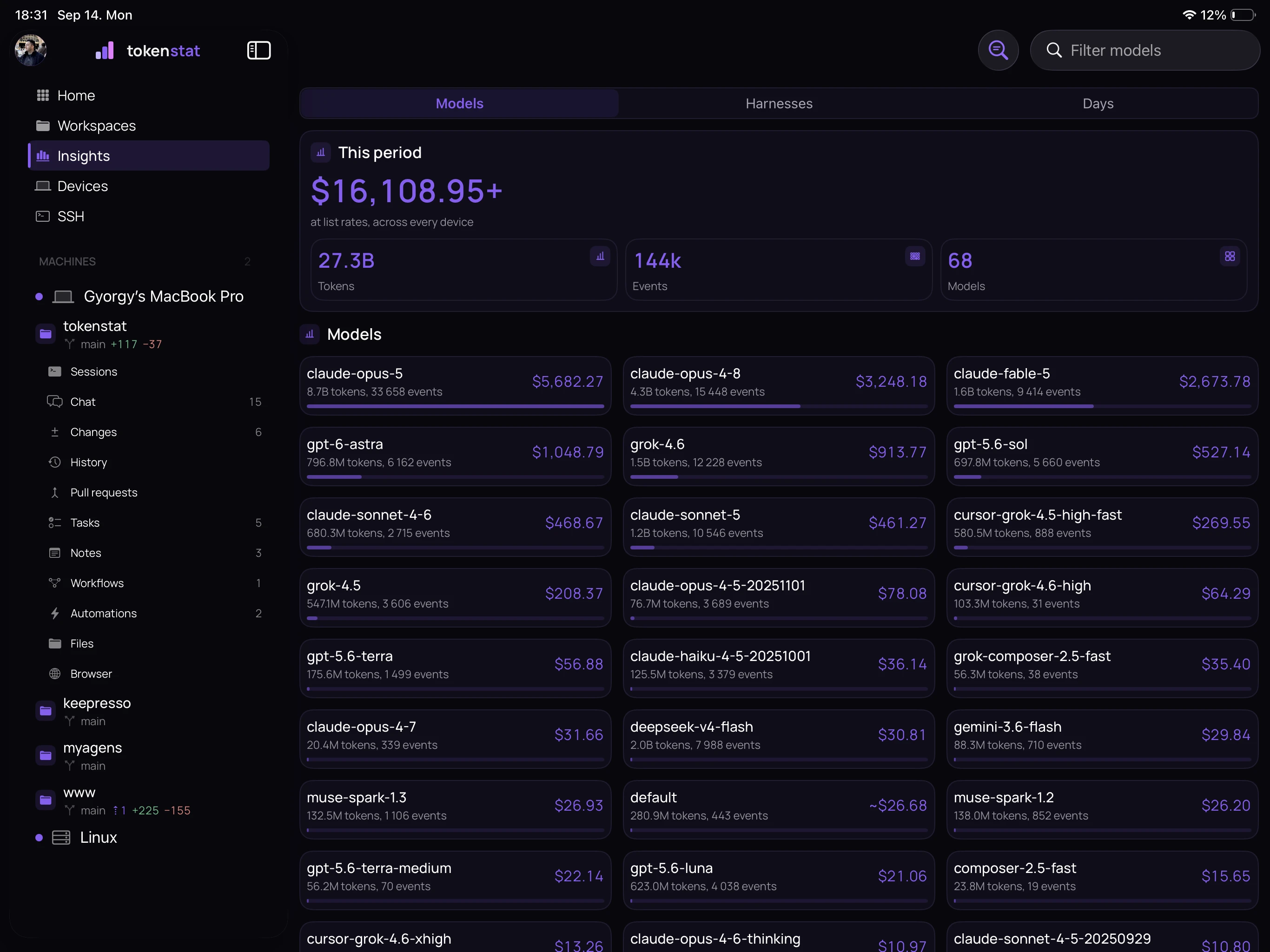 tokenstat Insights screen