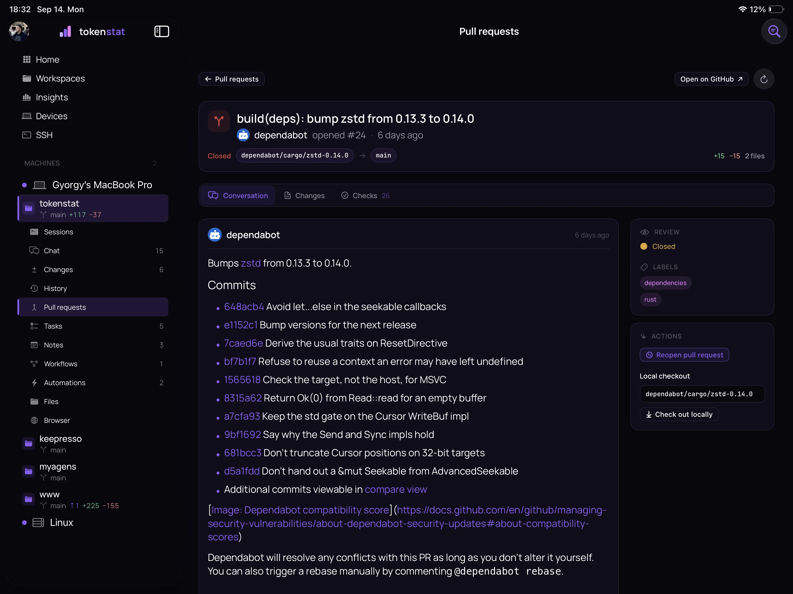 tokenstat Pull requests screen