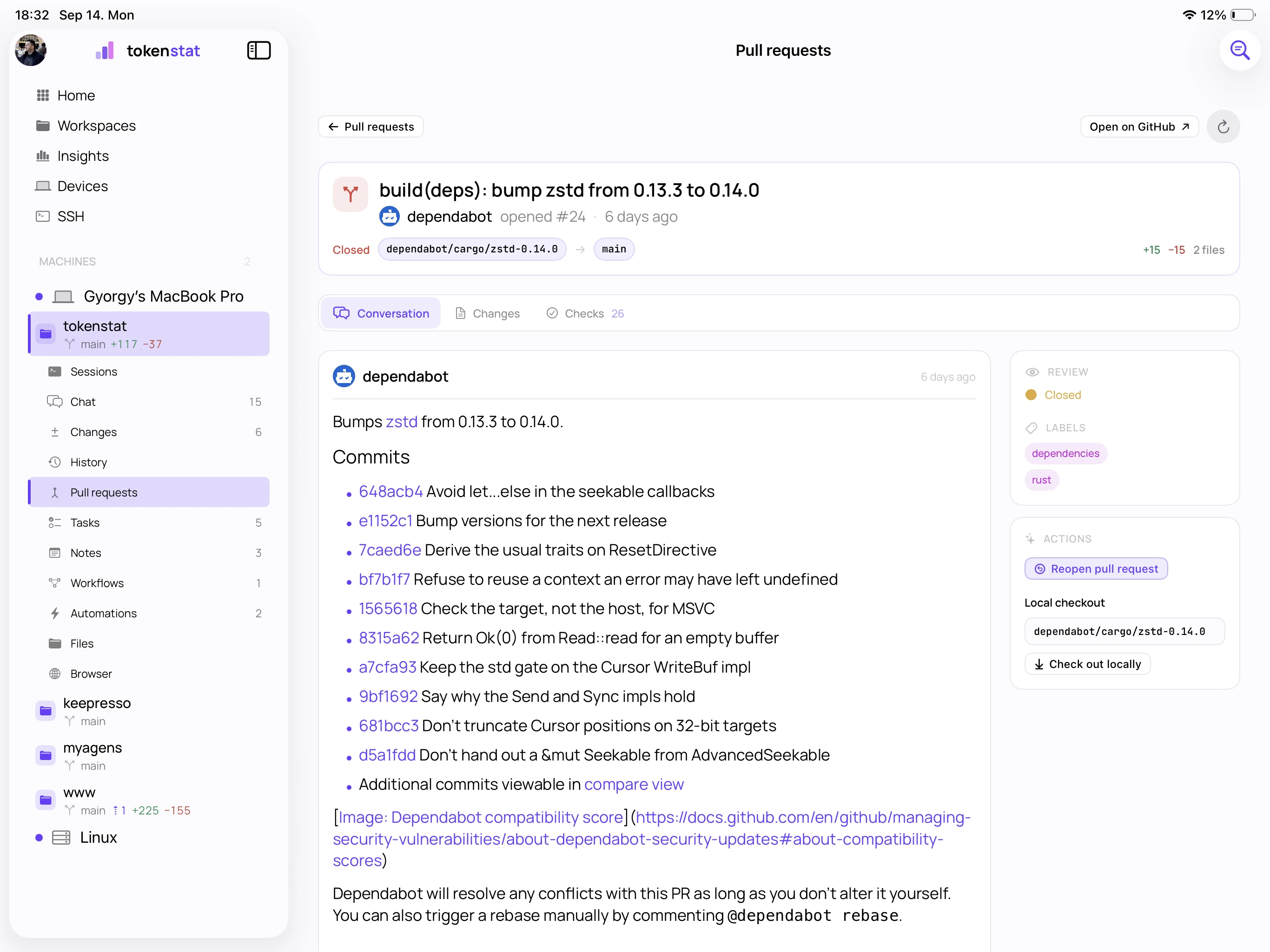 tokenstat Pull requests screen
