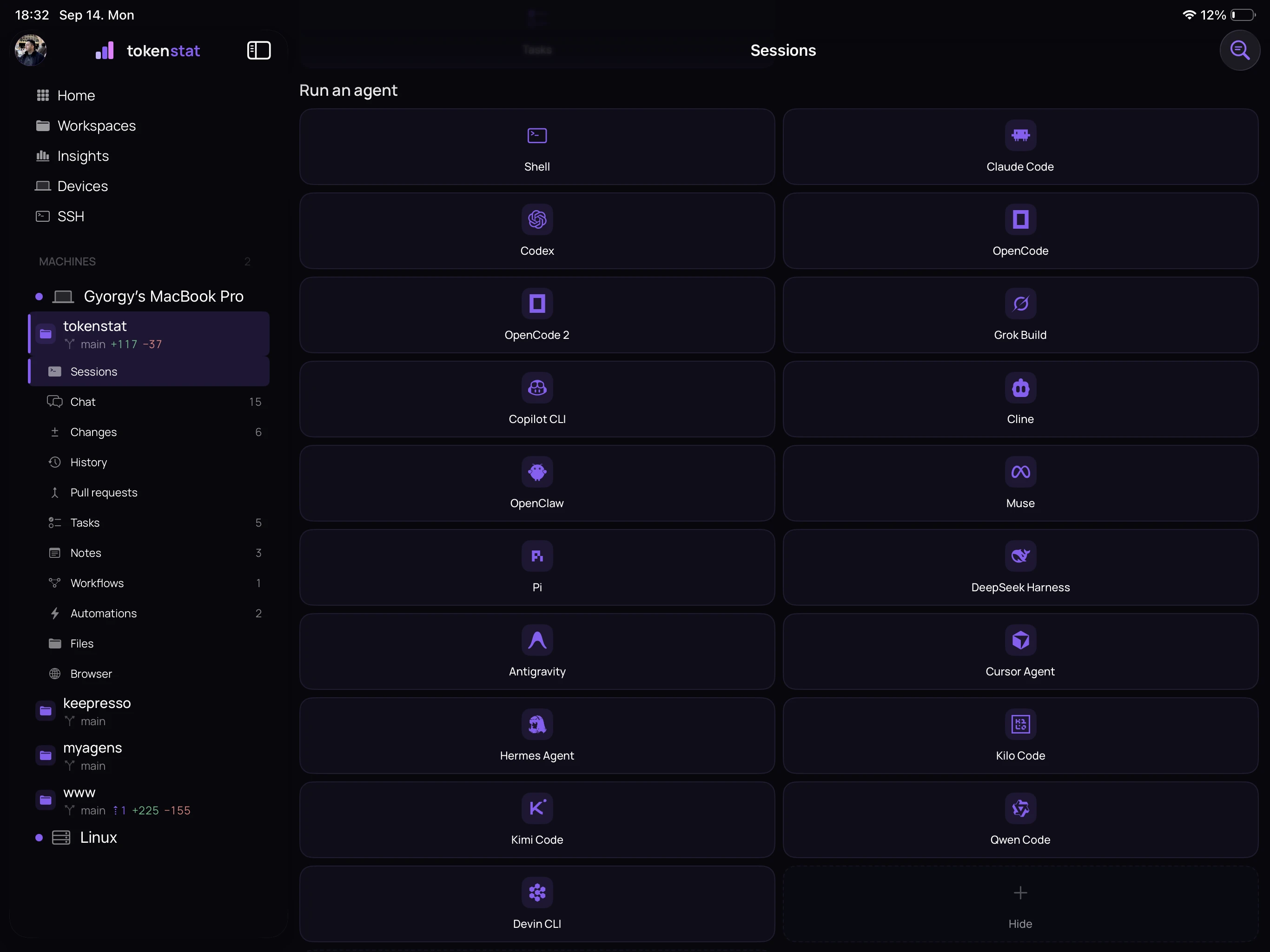 tokenstat Sessions screen