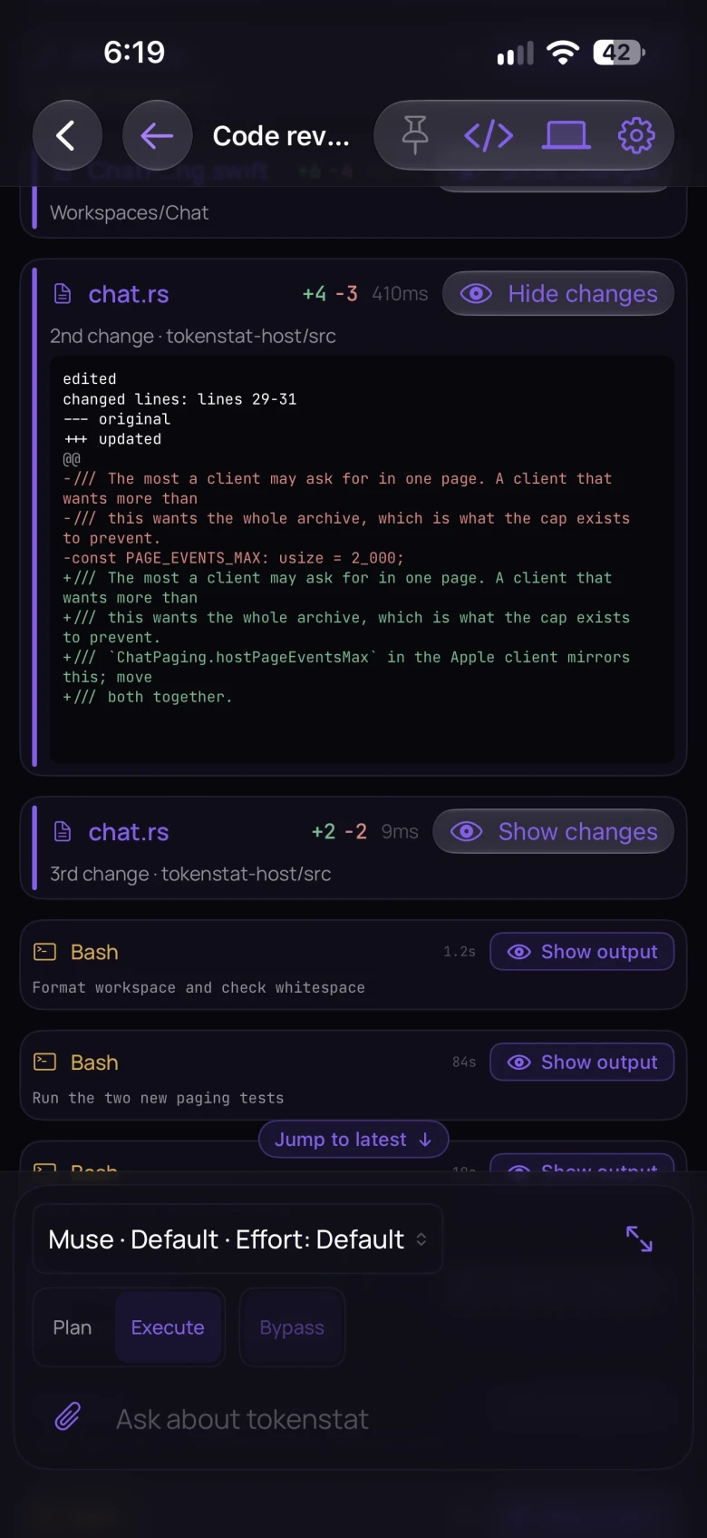 tokenstat on iPhone: a chat with an agent, its changes and the plan and execute modes