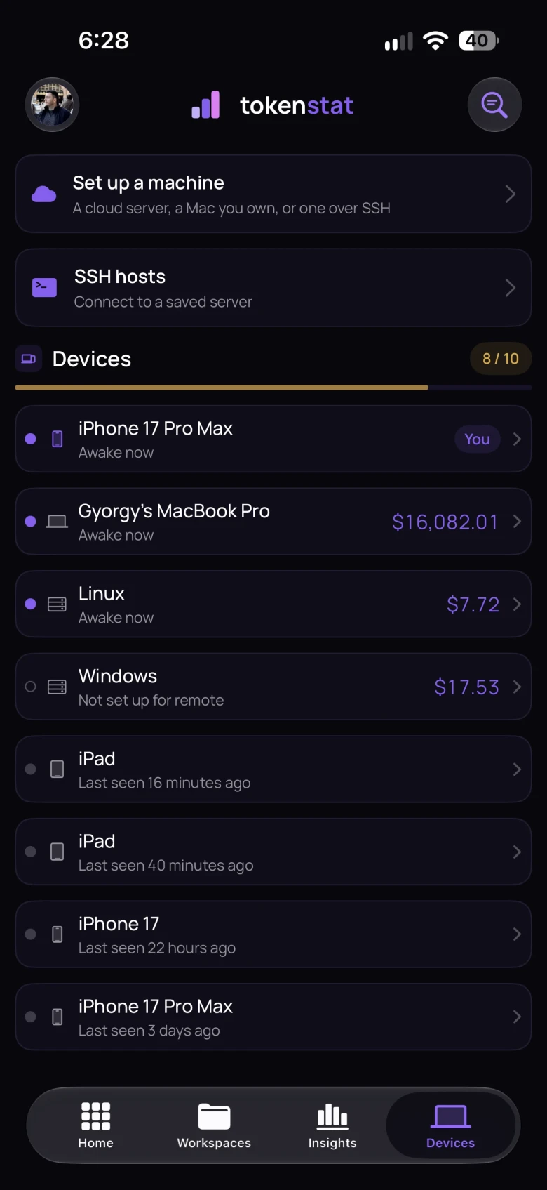tokenstat on iPhone: the devices list with connected computers and usage per machine
