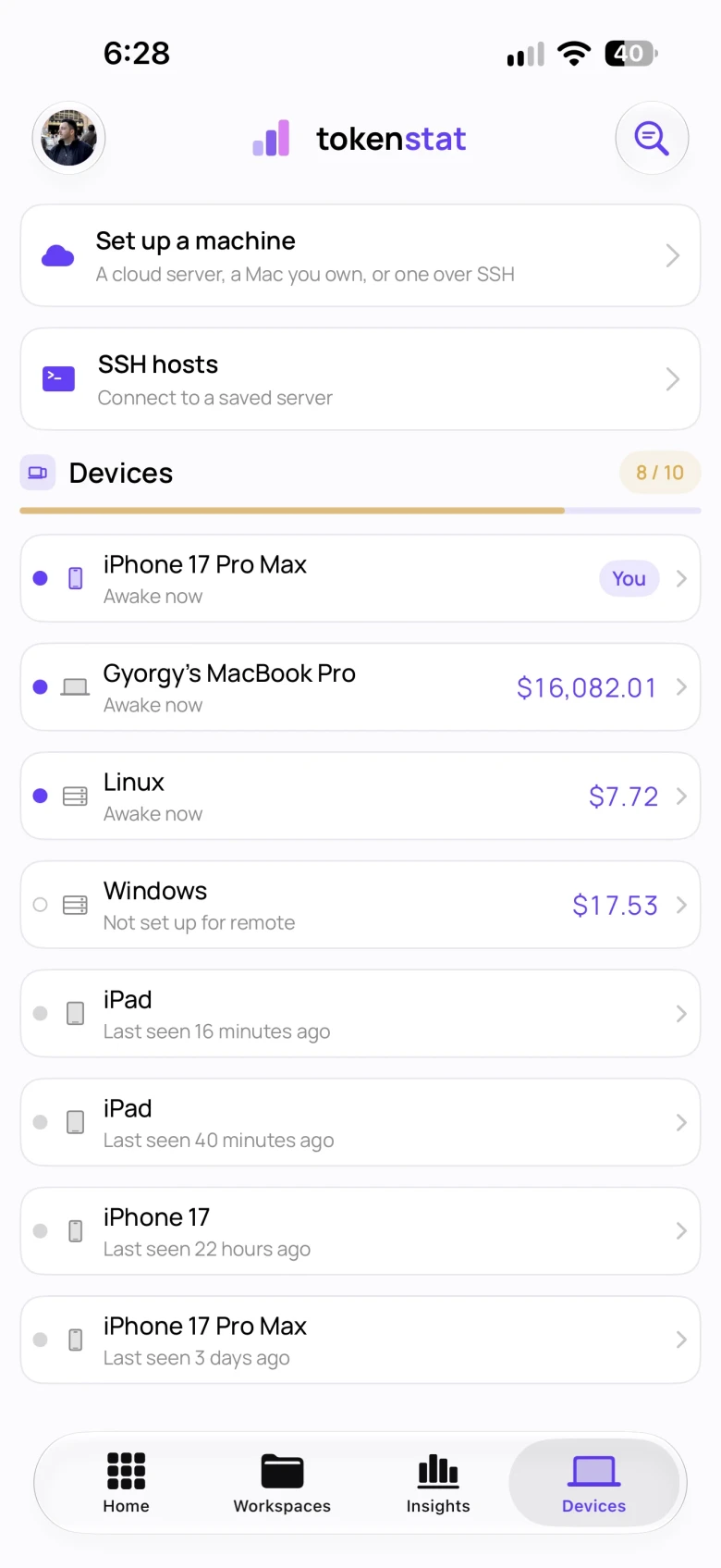 tokenstat on iPhone: the devices list with connected computers and usage per machine