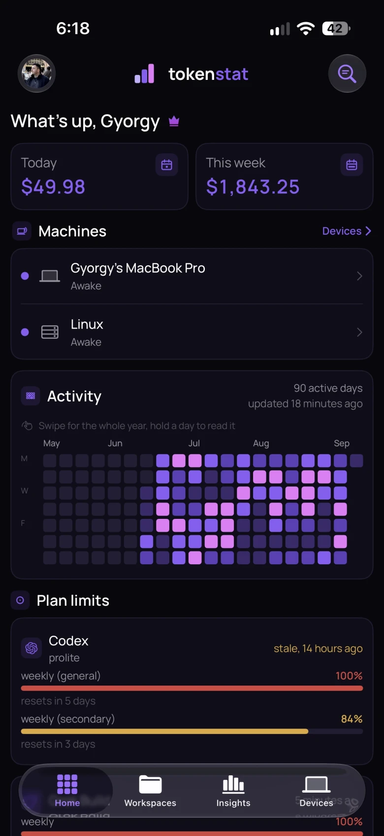 tokenstat on iPhone: Home with today's cost, the machines that are awake, activity, and plan limits