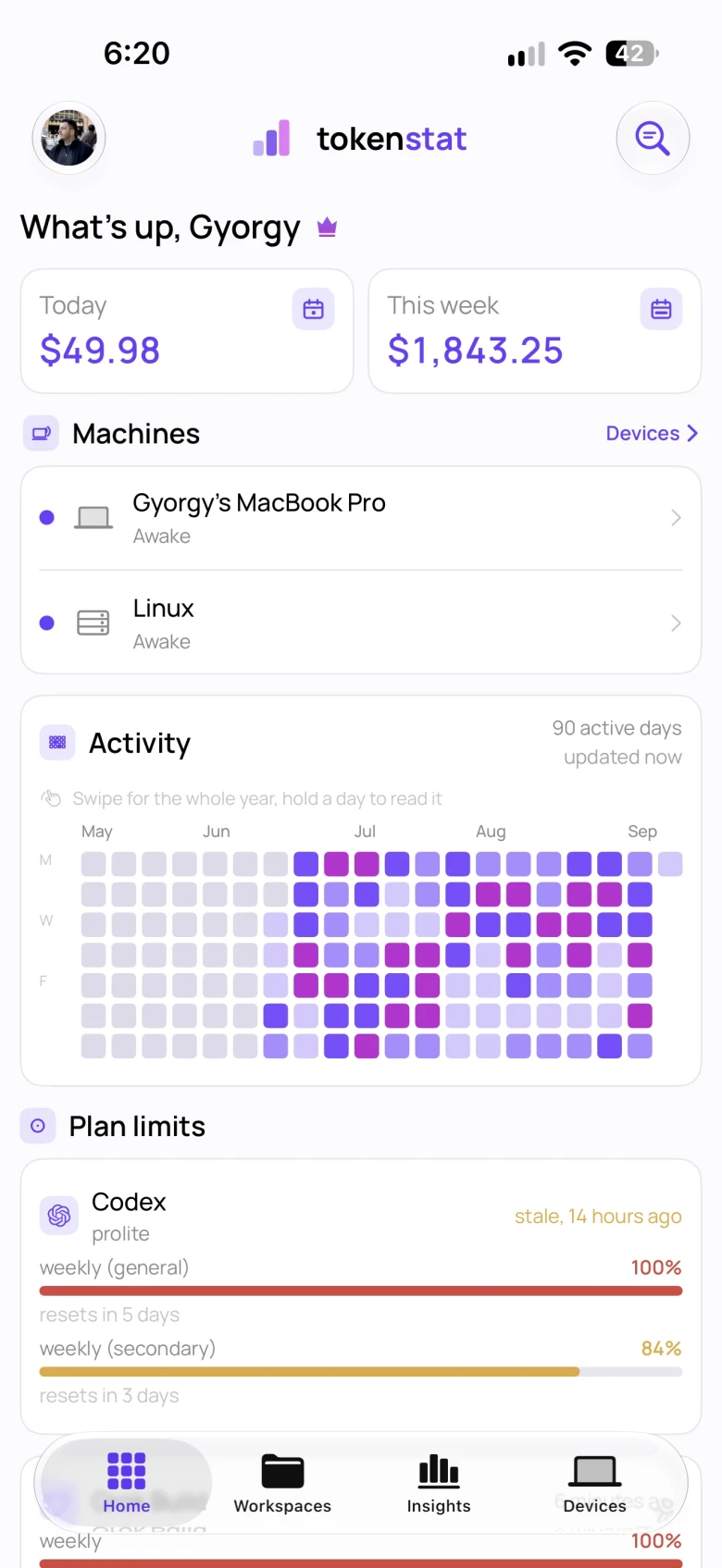 tokenstat on iPhone: Home with today's cost, the machines that are awake, activity, and plan limits