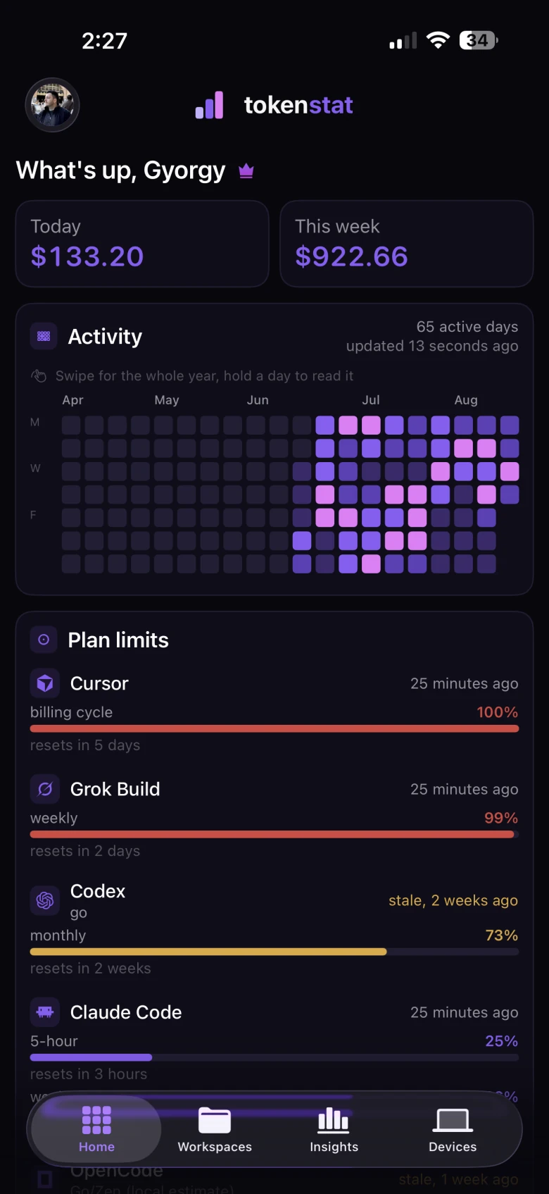 tokenstat on iPhone: today and this week, the activity heatmap, and plan limits per harness