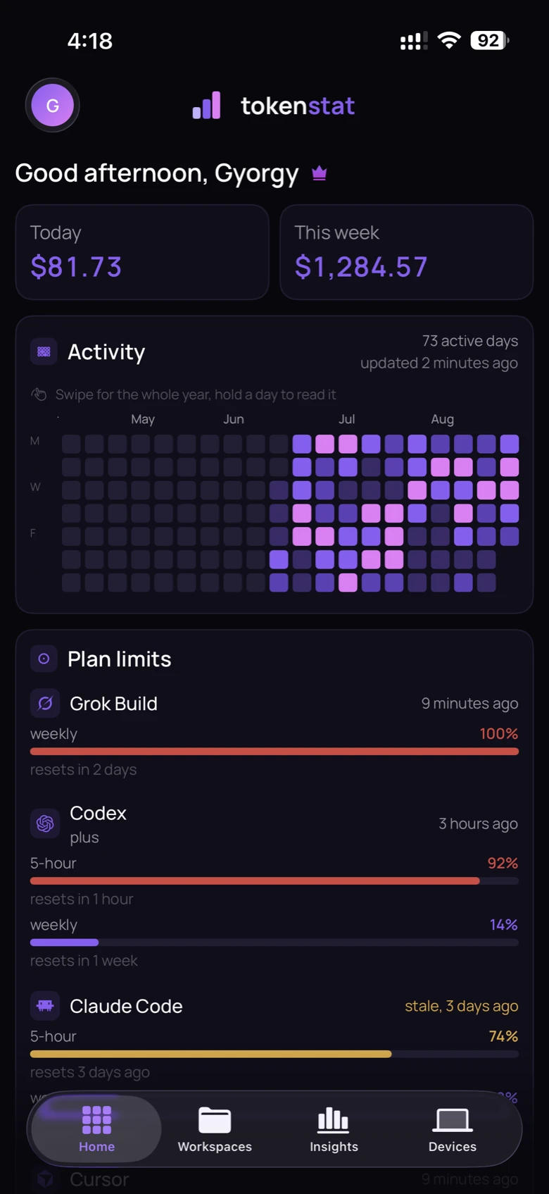 tokenstat on iPhone: home