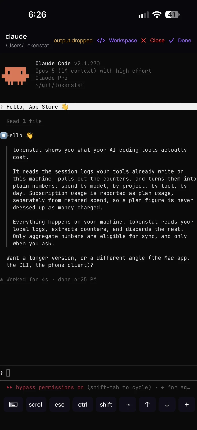 tokenstat on iPhone: live