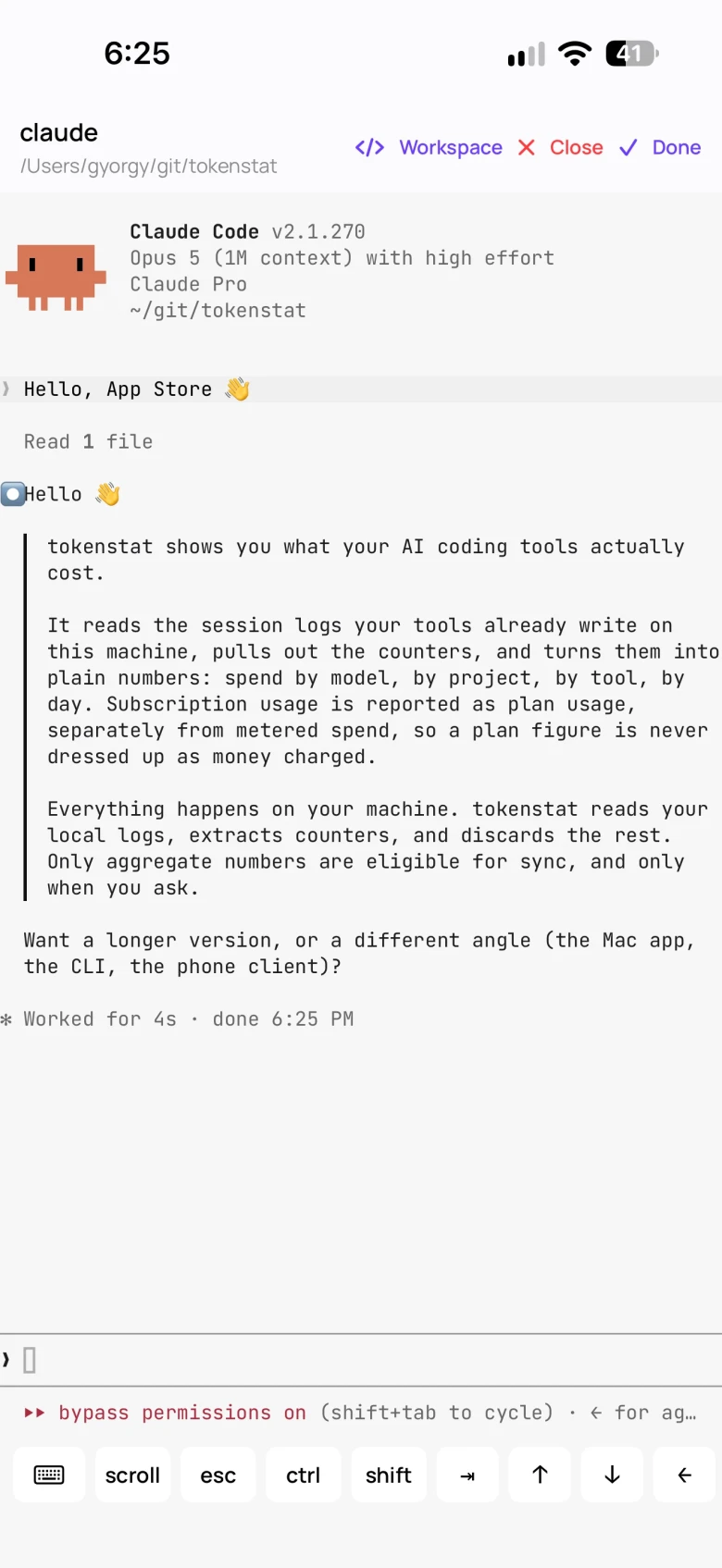 tokenstat on iPhone: live