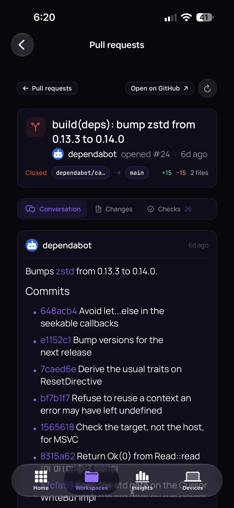 tokenstat on iPhone: a pull request with its conversation, changes, and checks
