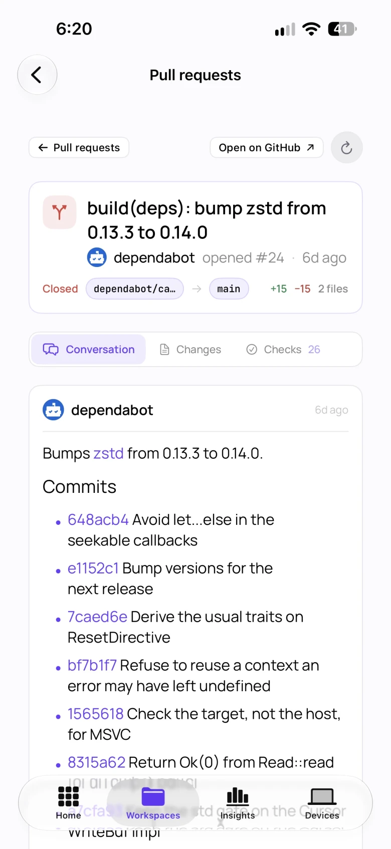 tokenstat on iPhone: a pull request with its conversation, changes, and checks