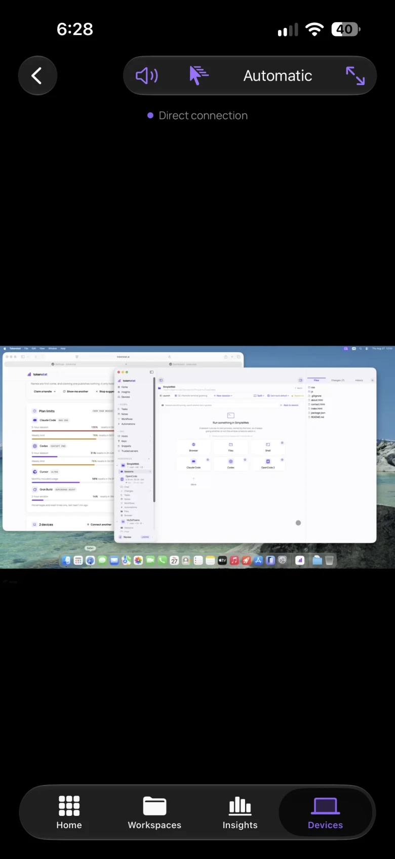 tokenstat on iPhone: the Mac desktop viewed and controlled from the phone