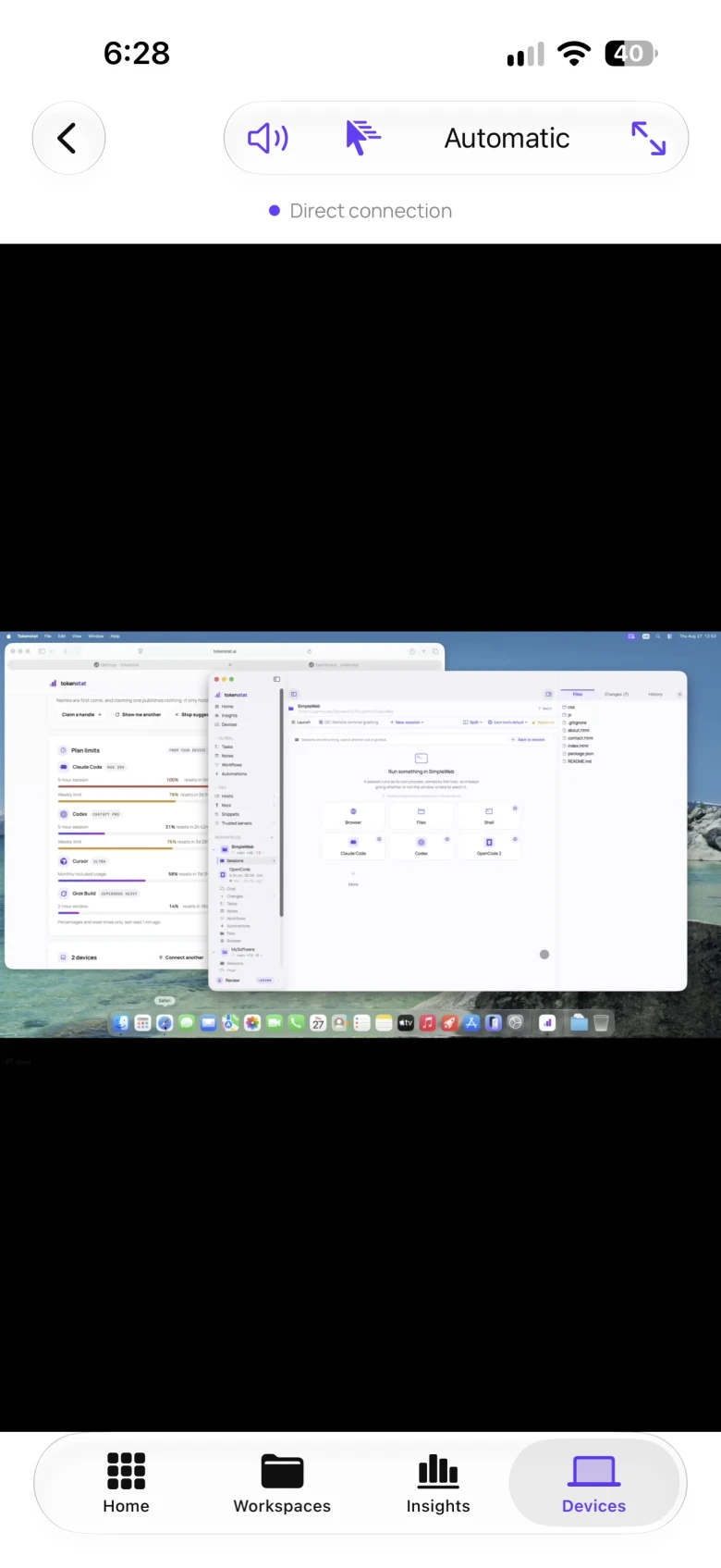 tokenstat on iPhone: the Mac desktop viewed and controlled from the phone