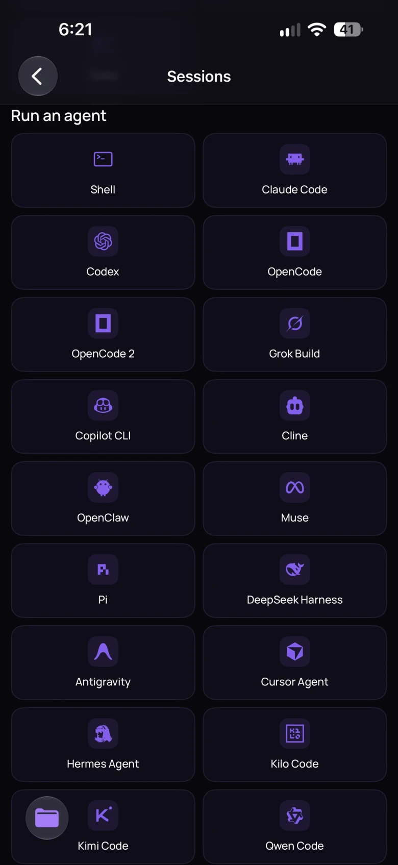 tokenstat on iPhone: the sessions grid with installed coding agents