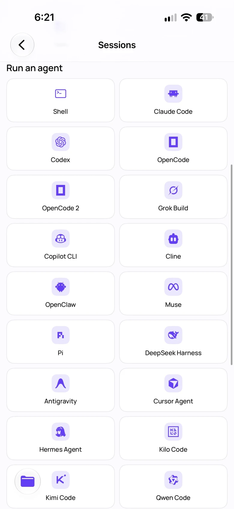 tokenstat on iPhone: the sessions grid with installed coding agents