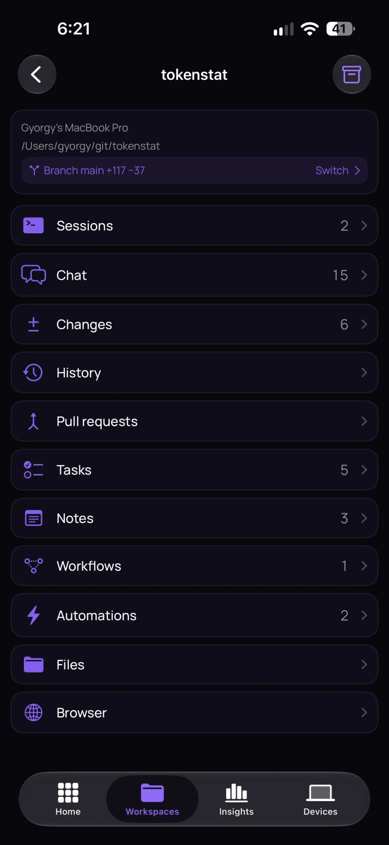 tokenstat on iPhone: workspace