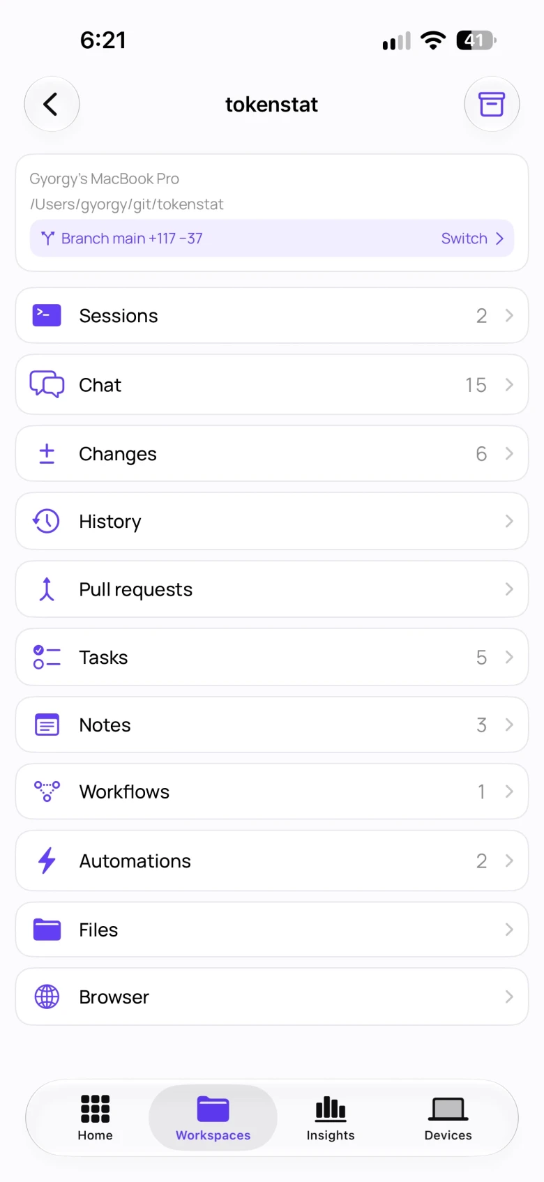 tokenstat on iPhone: workspace