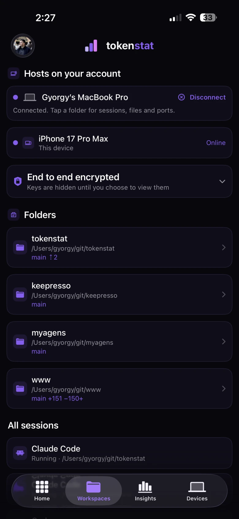 tokenstat on iPhone: the hosts on an account, their folders, and every running session