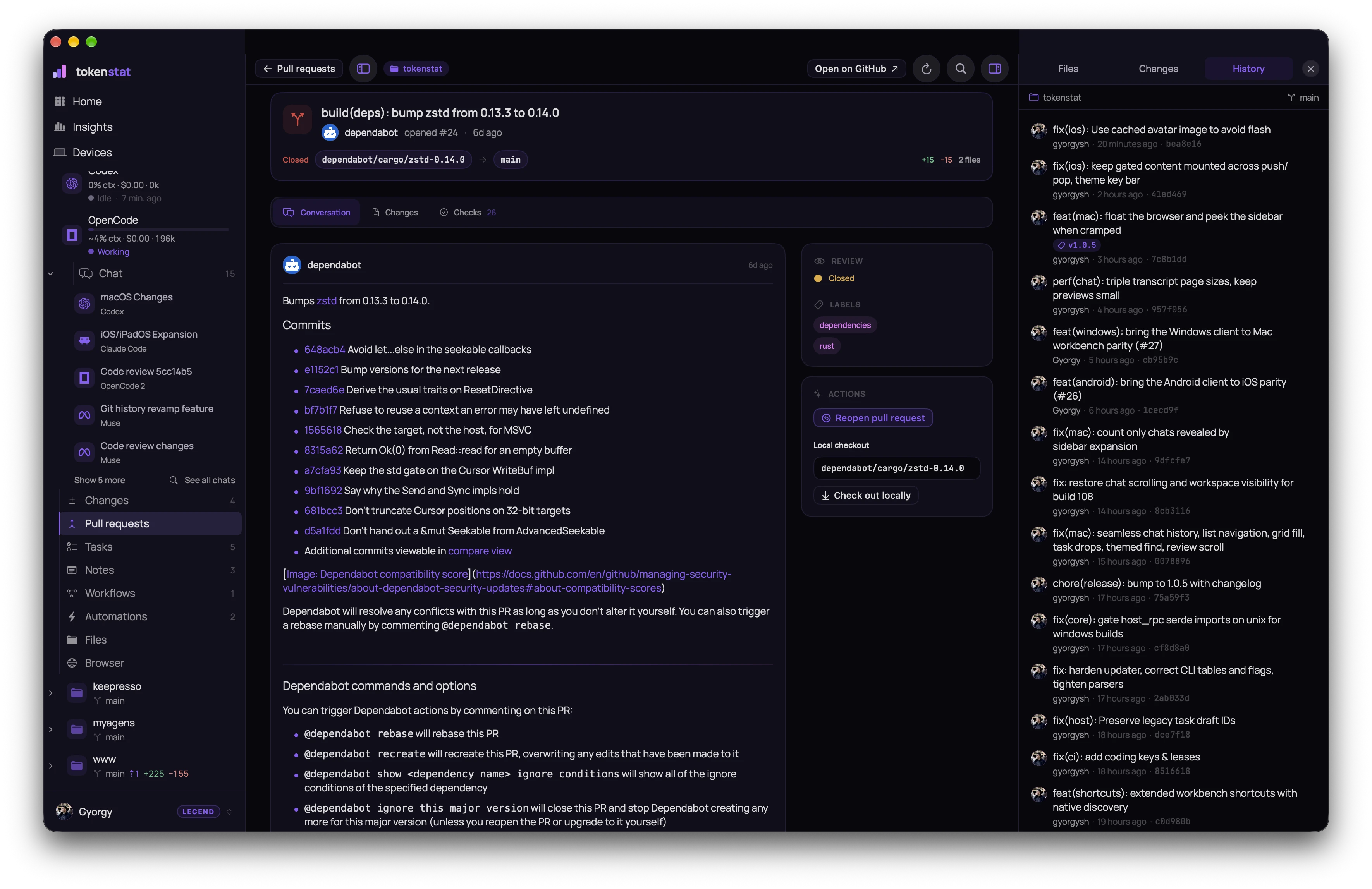 tokenstat Pull requests screen