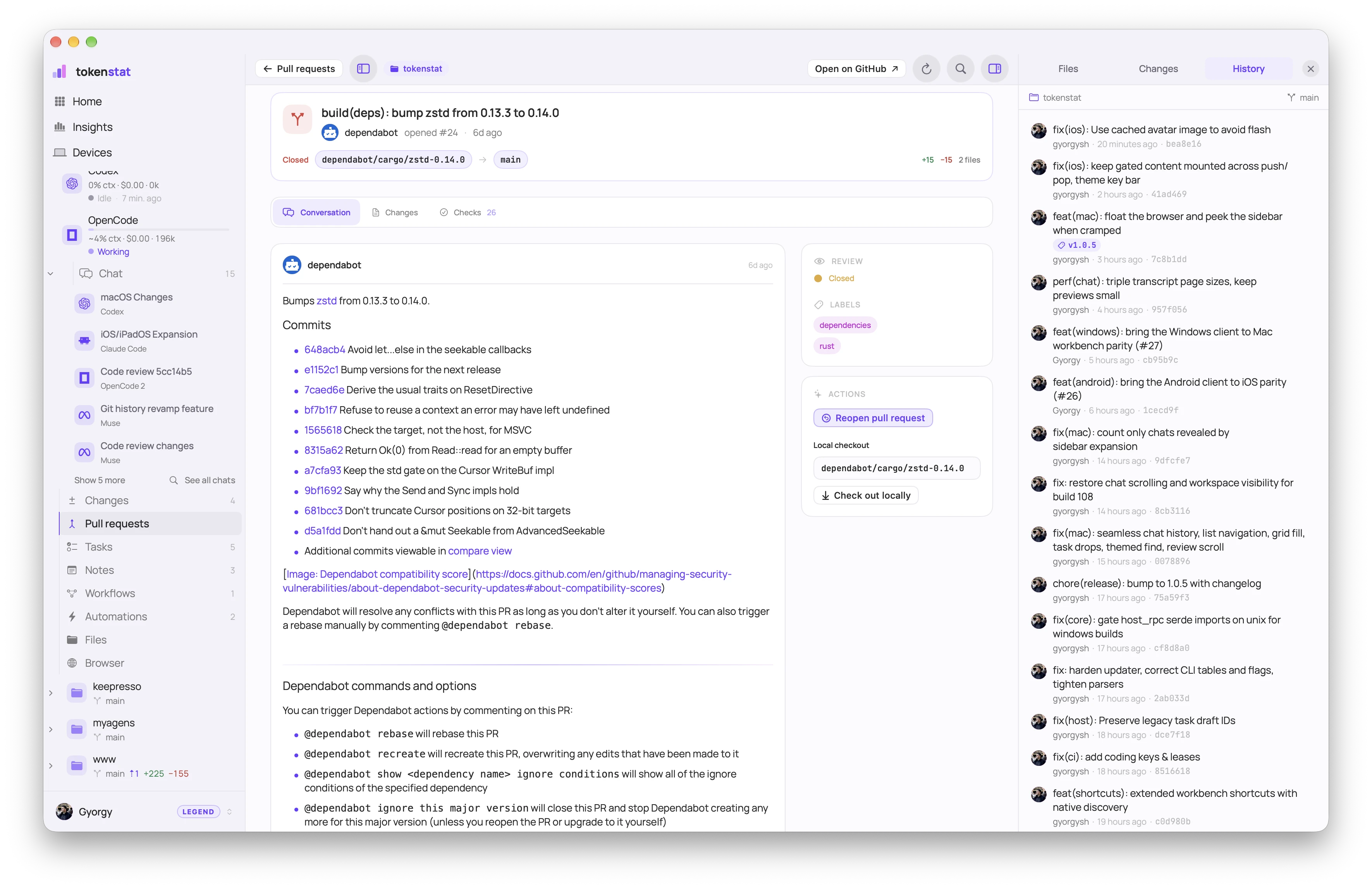 tokenstat Pull requests screen