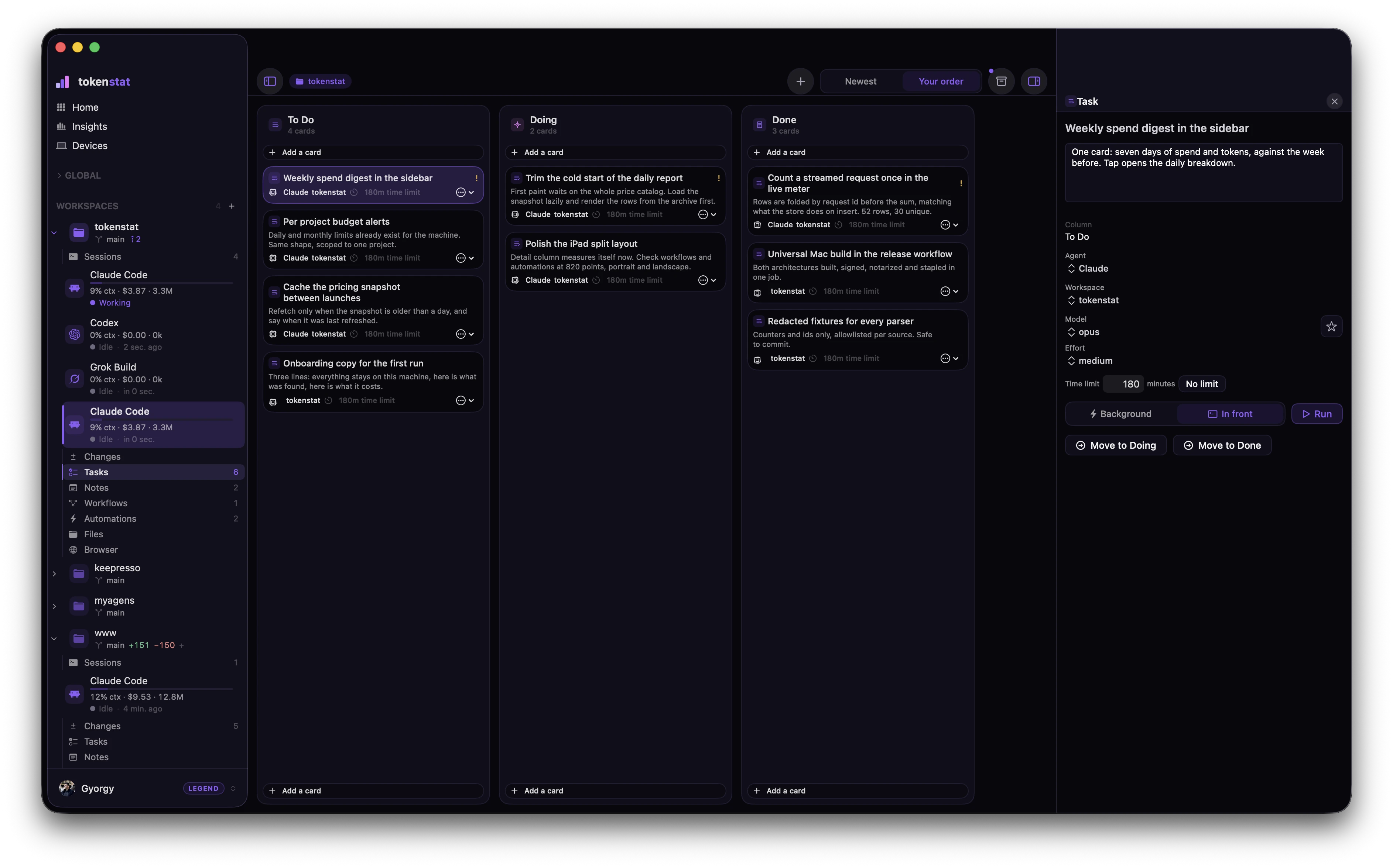 tokenstat Tasks screen