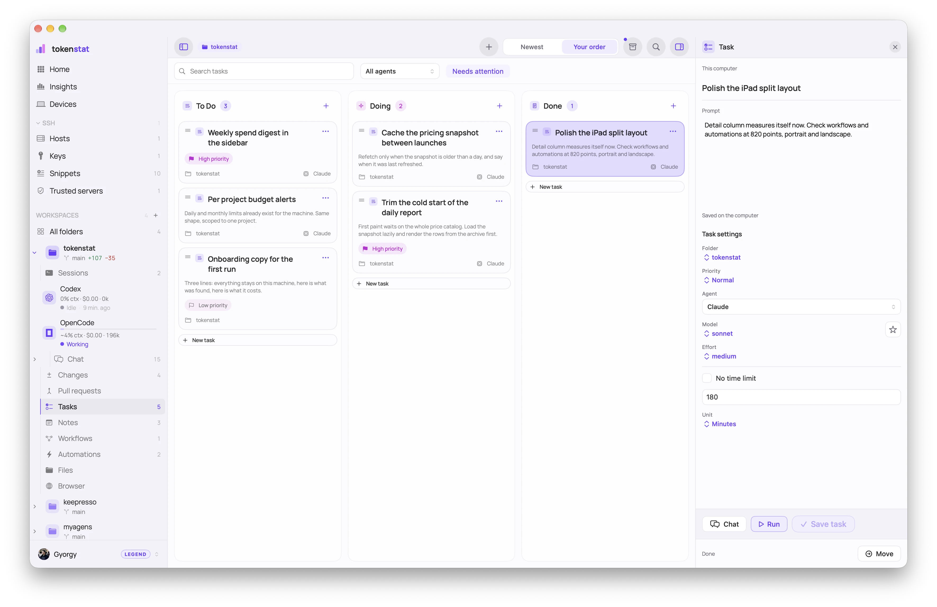 tokenstat Tasks screen