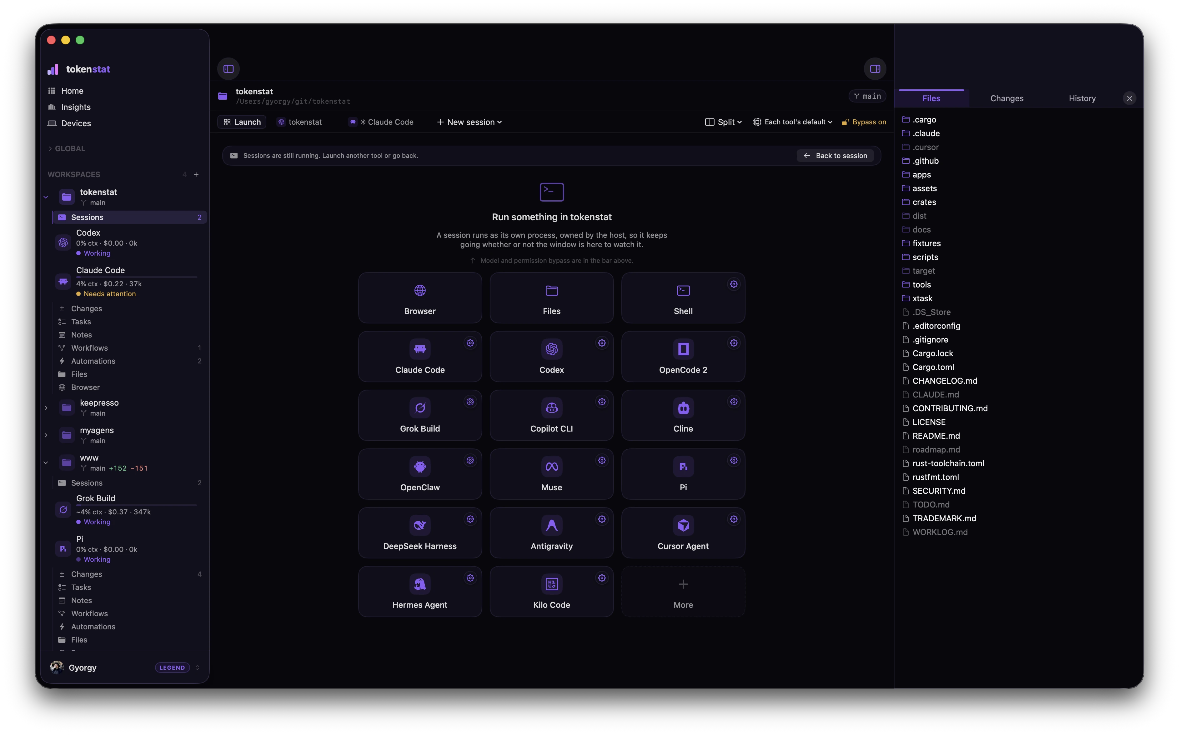 tokenstat Workspaces screen