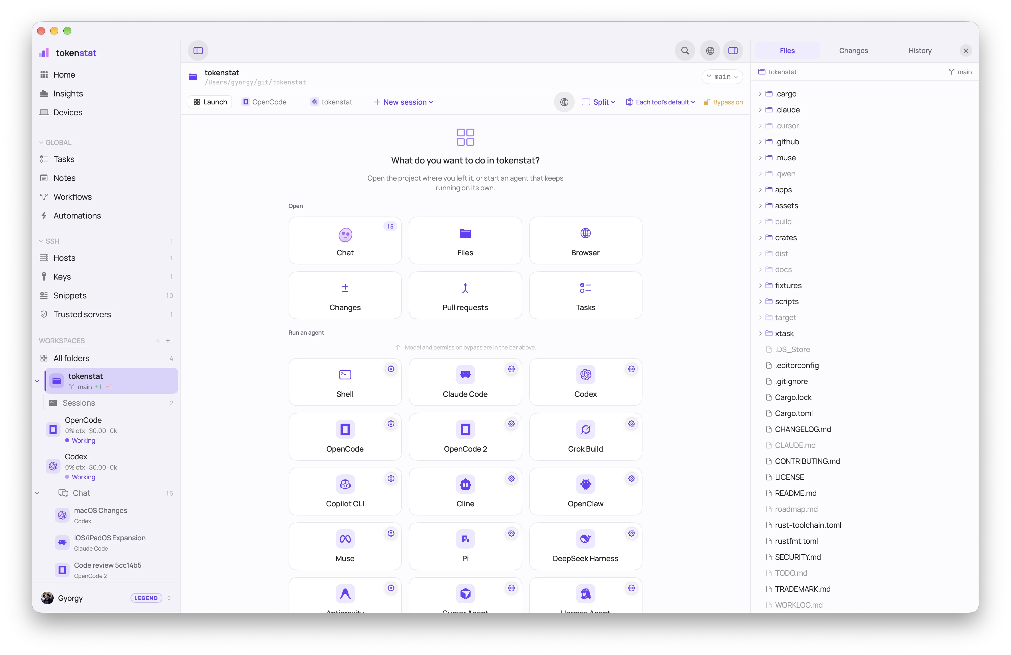 tokenstat Workspaces screen